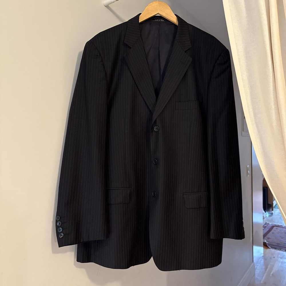 Black and red pinstripe suit jacket